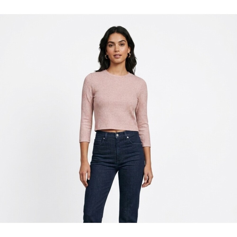 Reformation Top Womens Small Dusty Pink Ribbed Sparkle Shimmer Crop 3/4 Sleeve